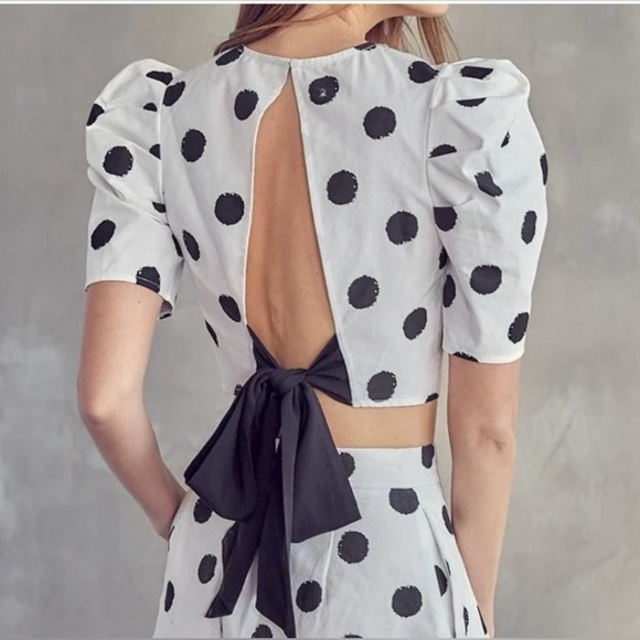 Idem Ditto black white polka dot back tie puff sleeve crop blouse size small - Picture 4 of 11